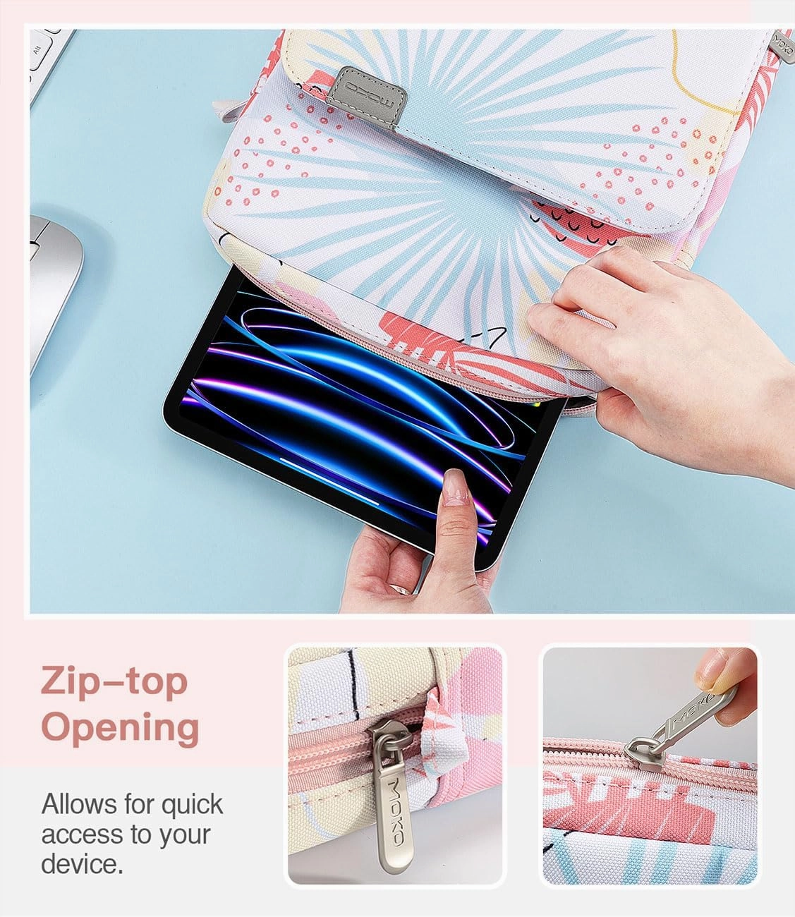 MoKo 9-11 Inch Tablet Sleeve Bag Handle Carrying Case with Shoulder Strap Fits 11inch iPad Air M3, iPad A16 2025, iPadPro M4/Air M2 5/4th 10.9, Tab S8/S9 11, Tropical Leaf