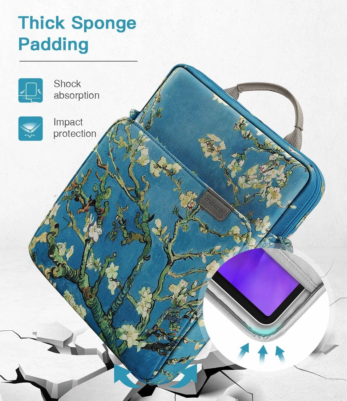 MoKo 9-11 Inch Tablet Sleeve Bag Handle Carrying Case with Shoulder Strap for iPad Pro, Air, 10th, 9/8/7, Air 5/4, Tab S8/S9, Apricot Flower