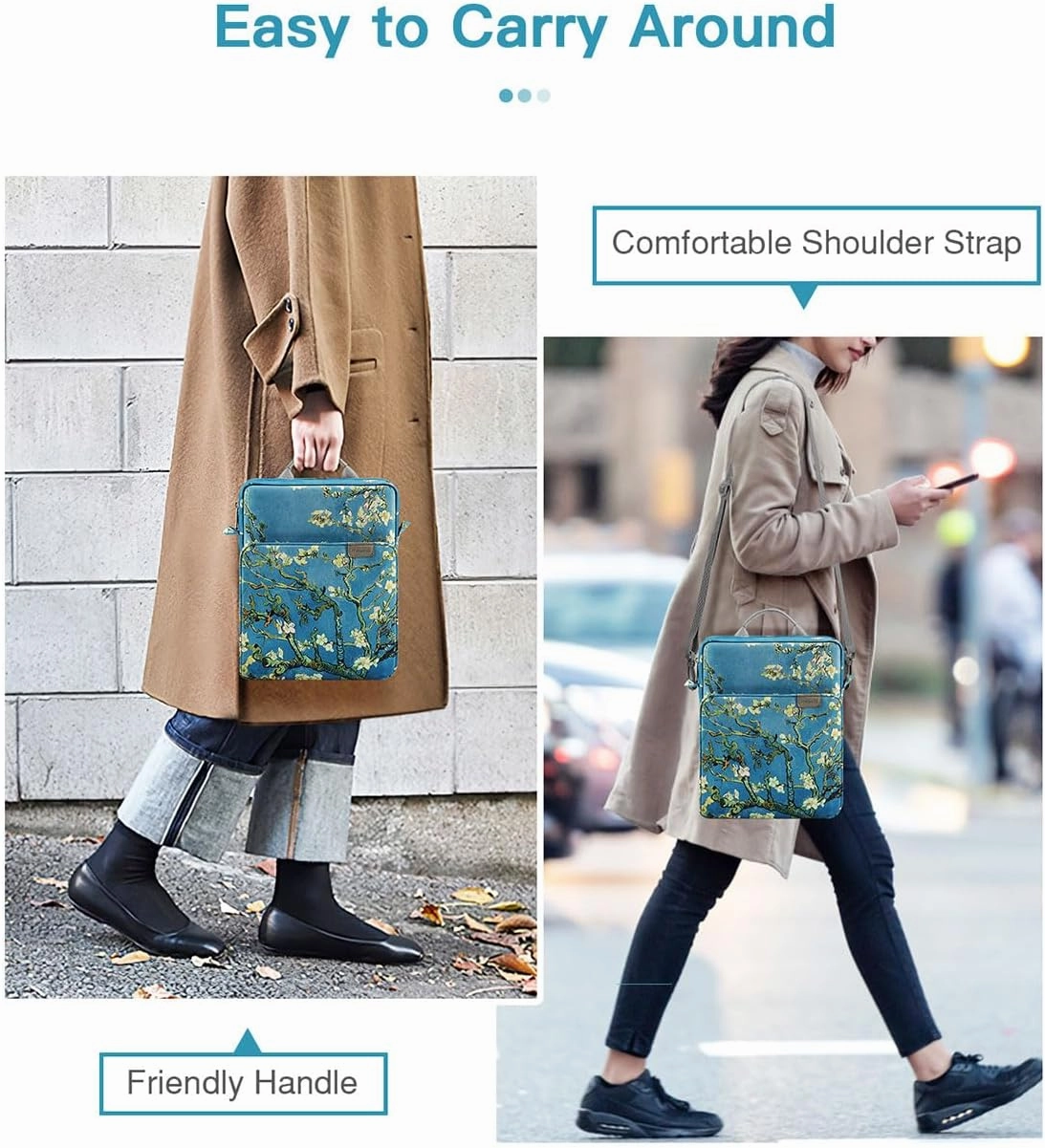MoKo 9-11 Inch Tablet Sleeve Bag Handle Carrying Case with Shoulder Strap for iPad Pro, Air, 10th, 9/8/7, Air 5/4, Tab S8/S9, Apricot Flower
