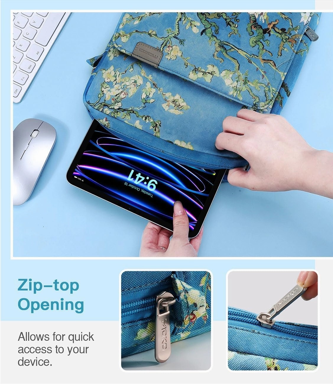 MoKo 9-11 Inch Tablet Sleeve Bag Handle Carrying Case with Shoulder Strap for iPad Pro, Air, 10th, 9/8/7, Air 5/4, Tab S8/S9, Apricot Flower