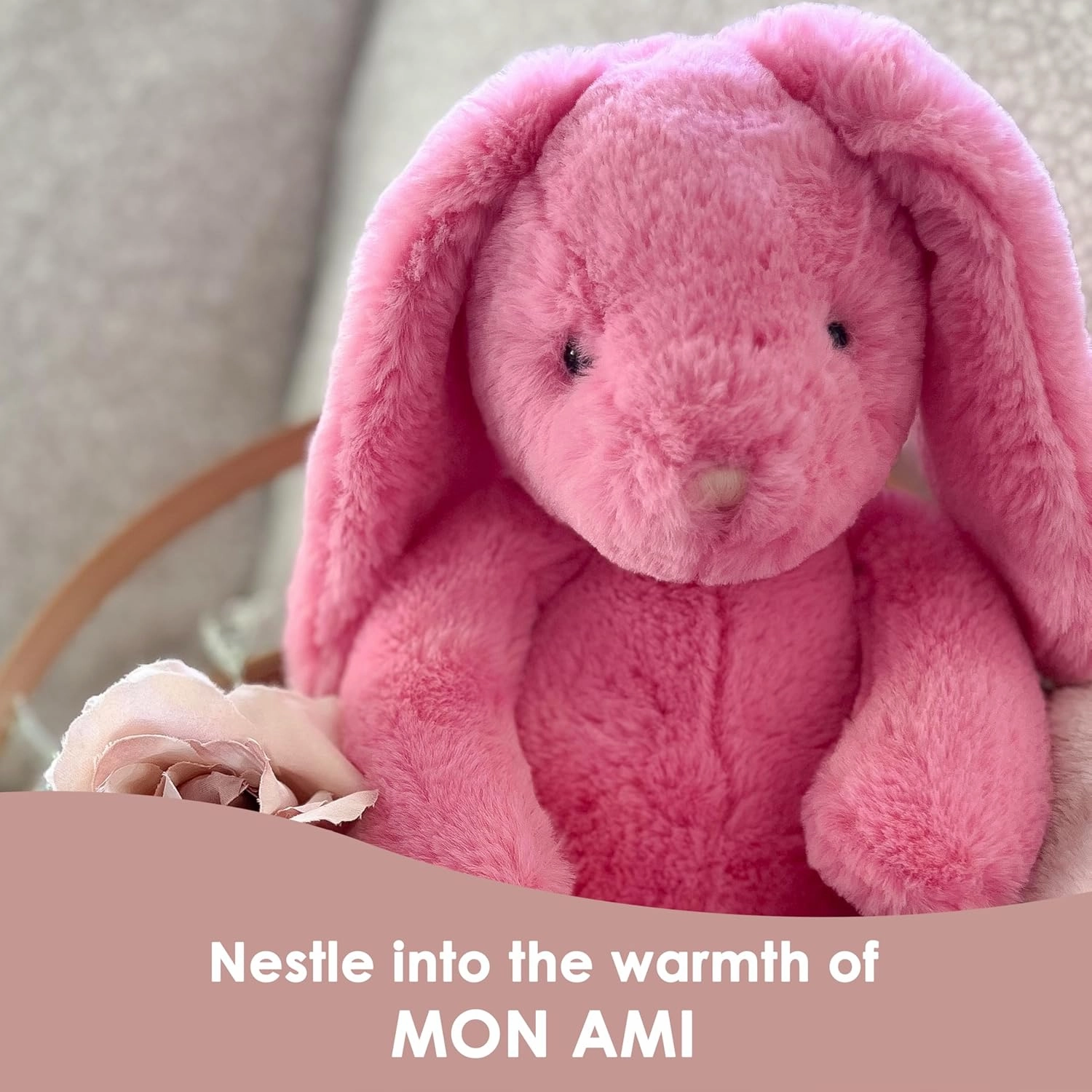MON AMI Blossom Bunny Stuffed Animal – 13” Pink, Soft & Cuddly, Huggable Rabbit Plush Toy, Nursery Décor for Kids of All Age