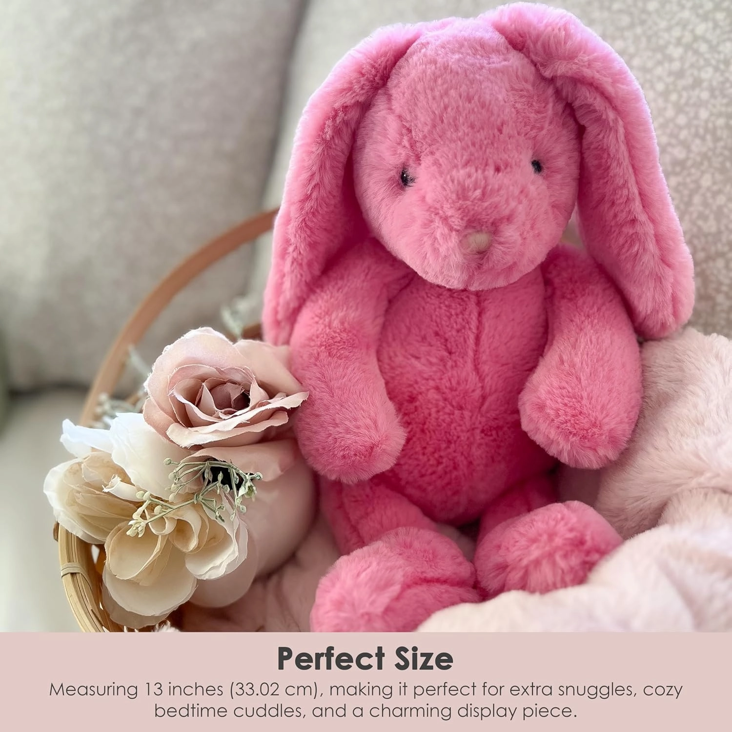 MON AMI Blossom Bunny Stuffed Animal – 13” Pink, Soft & Cuddly, Huggable Rabbit Plush Toy, Nursery Décor for Kids of All Age
