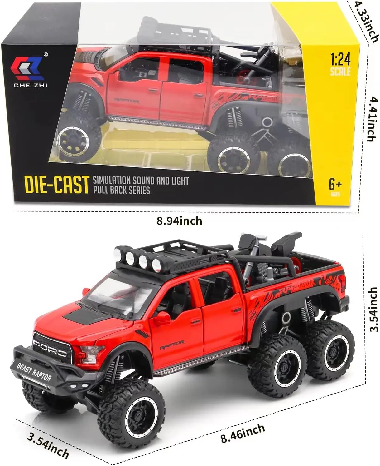 Monster Trucks for Boys - 1/24 Scale Die-Cast Metal Toy Car F150 with Sound and Light,Pickup Truck and Trailer Cars Toy Cars for 3  Year Old Boys (Red)