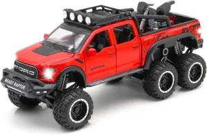 Monster Trucks for Boys - 1/24 Scale Die-Cast Metal Toy Car F150 with Sound and Light,Pickup Truck and Trailer Cars Toy Cars for 3  Year Old Boys (Red)