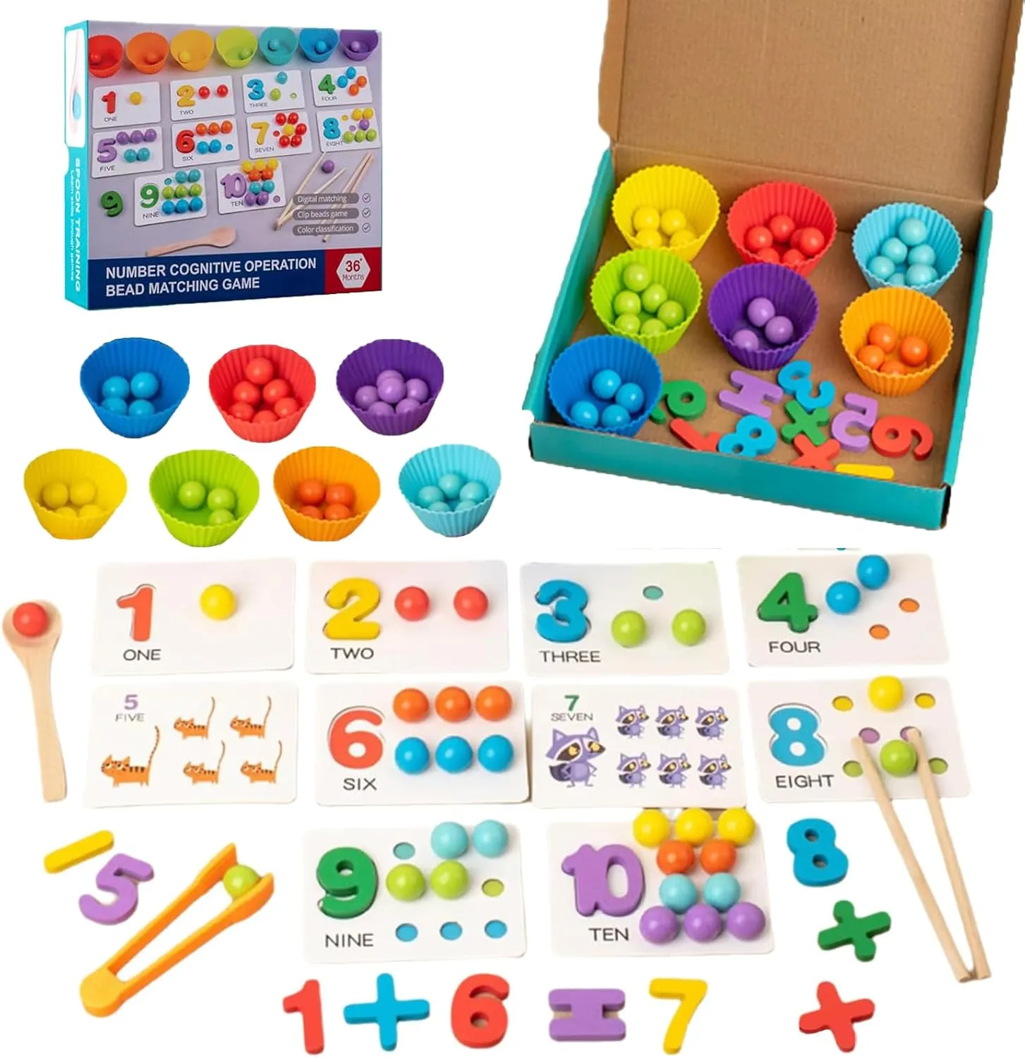Montessori Arithmetic Math Toy Set, Silicone Digital Learning with Beads, Chopsticks & Spoons, Montessori Math Beads Counting Toy, Number Crunching Clip Bead Matching for Children Gifts (1Pcs)