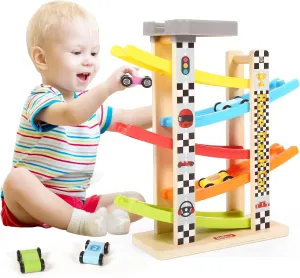 Montessori Toy for 1-3 Years Old Boys and Girls, Kid Race Track Car for Toddlers with 5 Mini Cars & 5 Ramps, Wooden Montessori Car Ramp Toy Set for Babies' Birthday Gifts, Visit Gifts