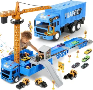 MOONTOY Kids Construction Toys, Construction Truck Toys Set with Ejection Track, Crane, Excavator, Forklift,Bulldozer, Dump Trucks, Alloy Construction Vehicle Toys for 3 4 5 6 7 Years Old Boys Gifts