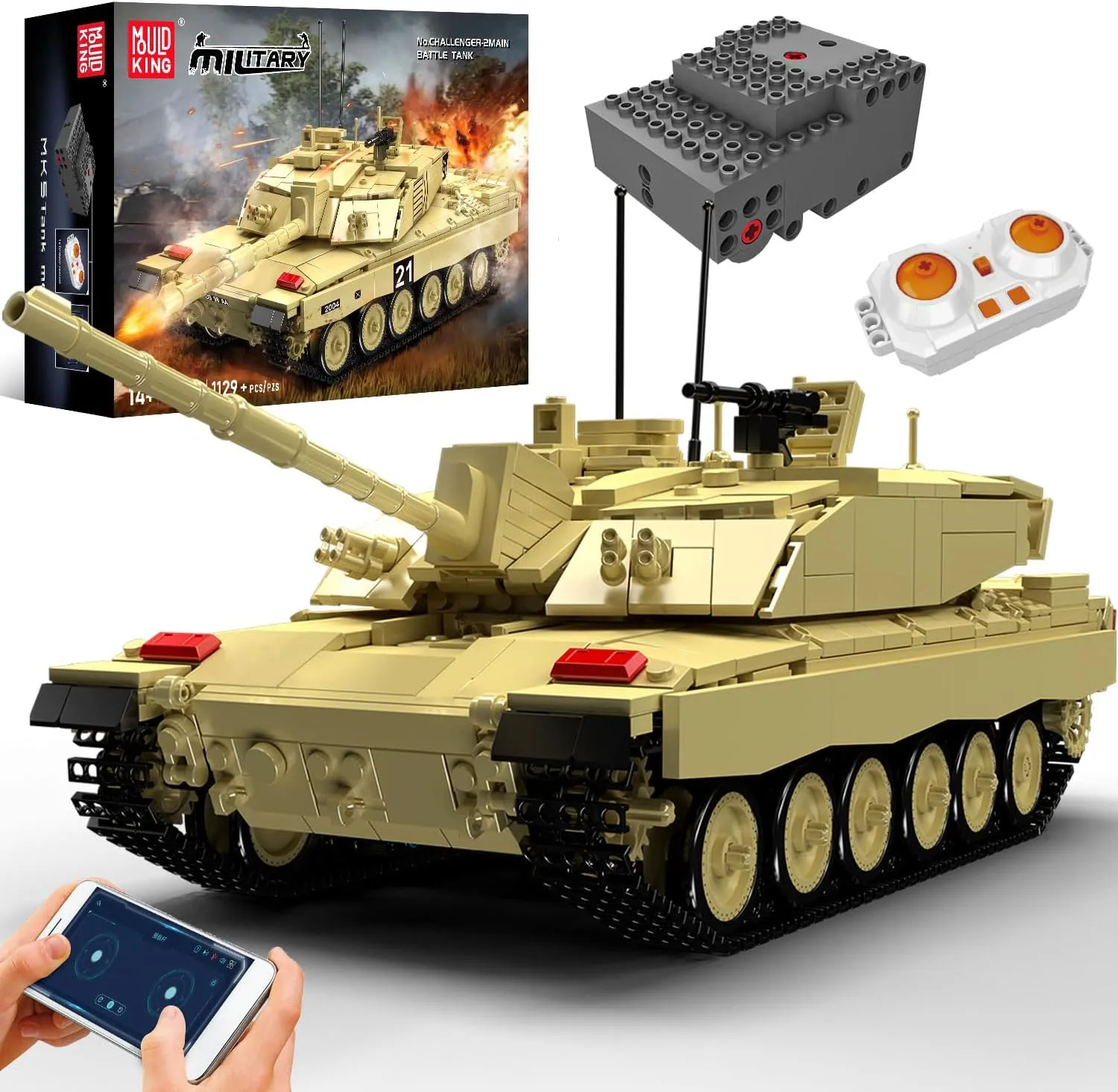 Mould King 20037 Challenger-2 Tank Building Block Kits, 1129 PCS Military Vehicle Model Building Blocks Set, Adult Collectible Model Kits, Remote/APP Control Construction Block Sets for Kids Age 8 