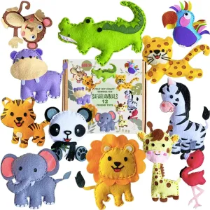 MOVEBO Sewing Kit for Kids Ages 6-12 - DIY Safari Animal Felt Craft Set with 12 Pre-Cut Toys (Lion, Tiger, Elephant, Giraffe,More) - Fun Educational Beginner Sewing Kit for Boys and Girls