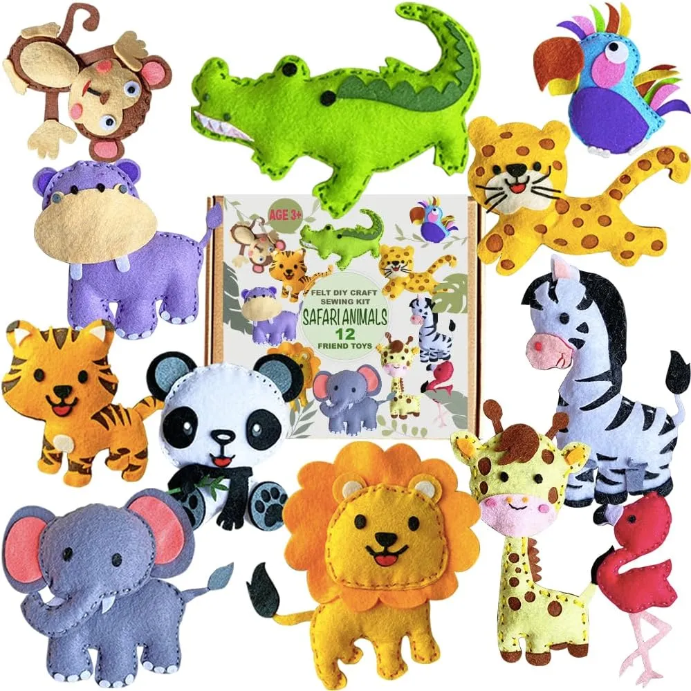 MOVEBO Sewing Kit for Kids Ages 6-12 - DIY Safari Animal Felt Craft Set with 12 Pre-Cut Toys (Lion, Tiger, Elephant, Giraffe,More) - Fun Educational Beginner Sewing Kit for Boys and Girls