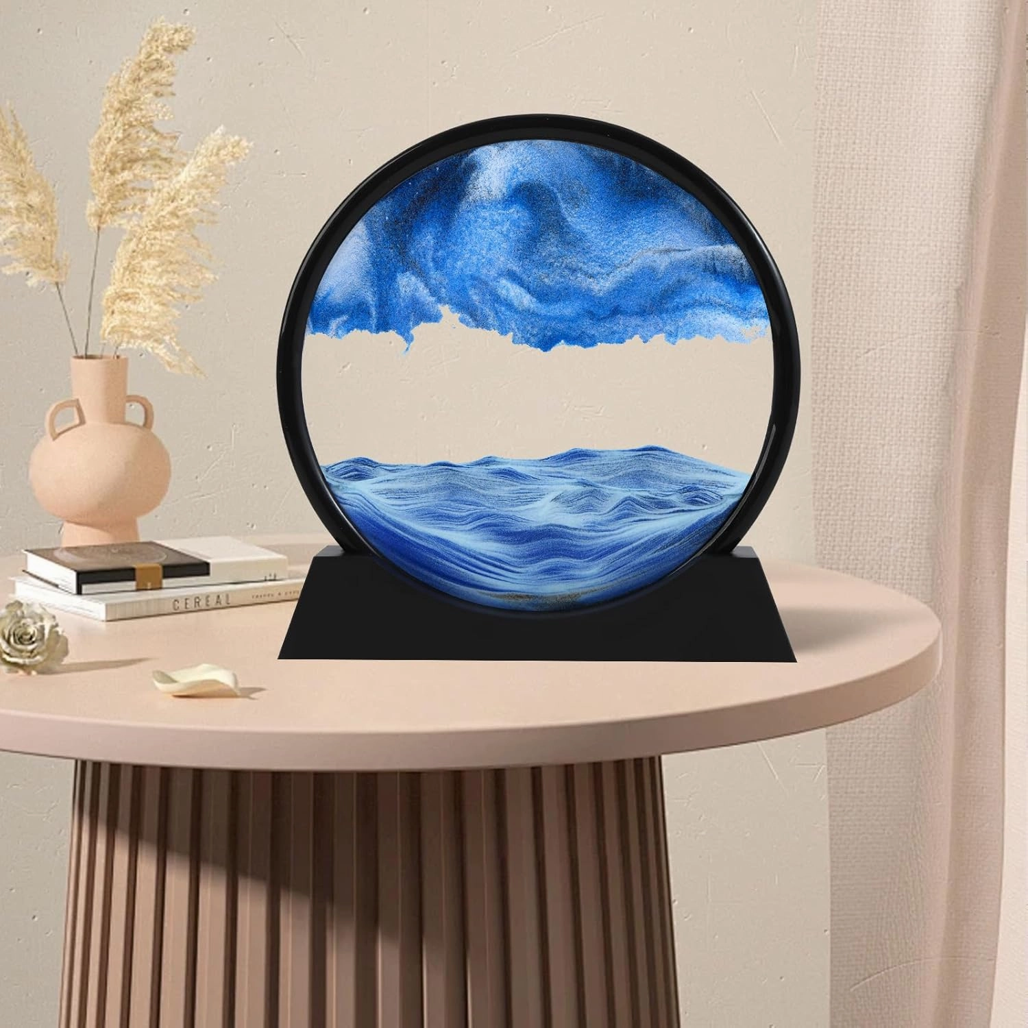 Moving Sand Art Picture, Liquid Motion 3D Deep Sea Sandscape in Motion, Dynamic Round Glass Sand Picture Relaxing Desktop Home Office Work Decor (Blue, 12 inch)