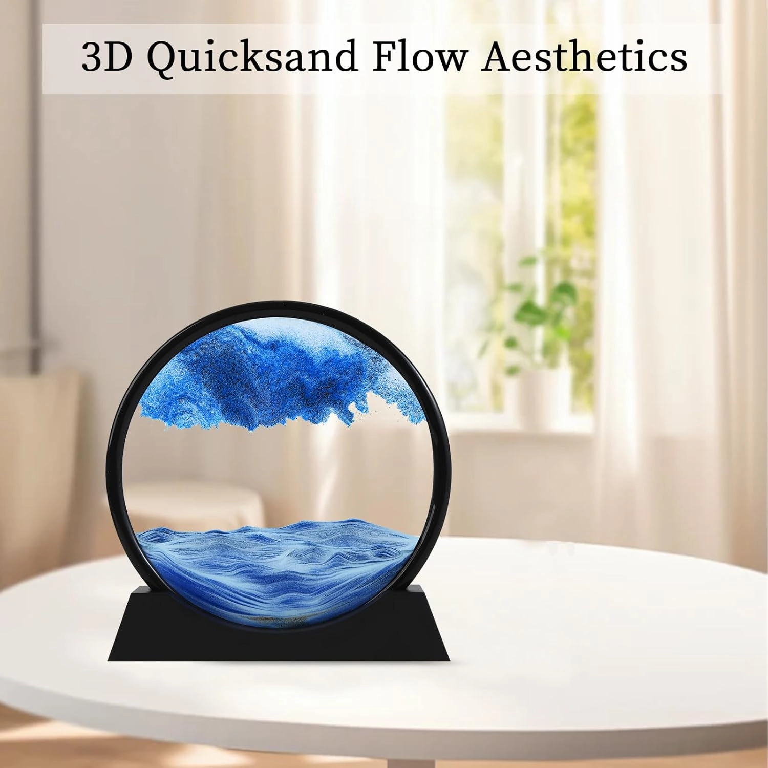 Moving Sand Art Picture, Liquid Motion 3D Deep Sea Sandscape in Motion, Dynamic Round Glass Sand Picture Relaxing Desktop Home Office Work Decor (Blue, 12 inch)