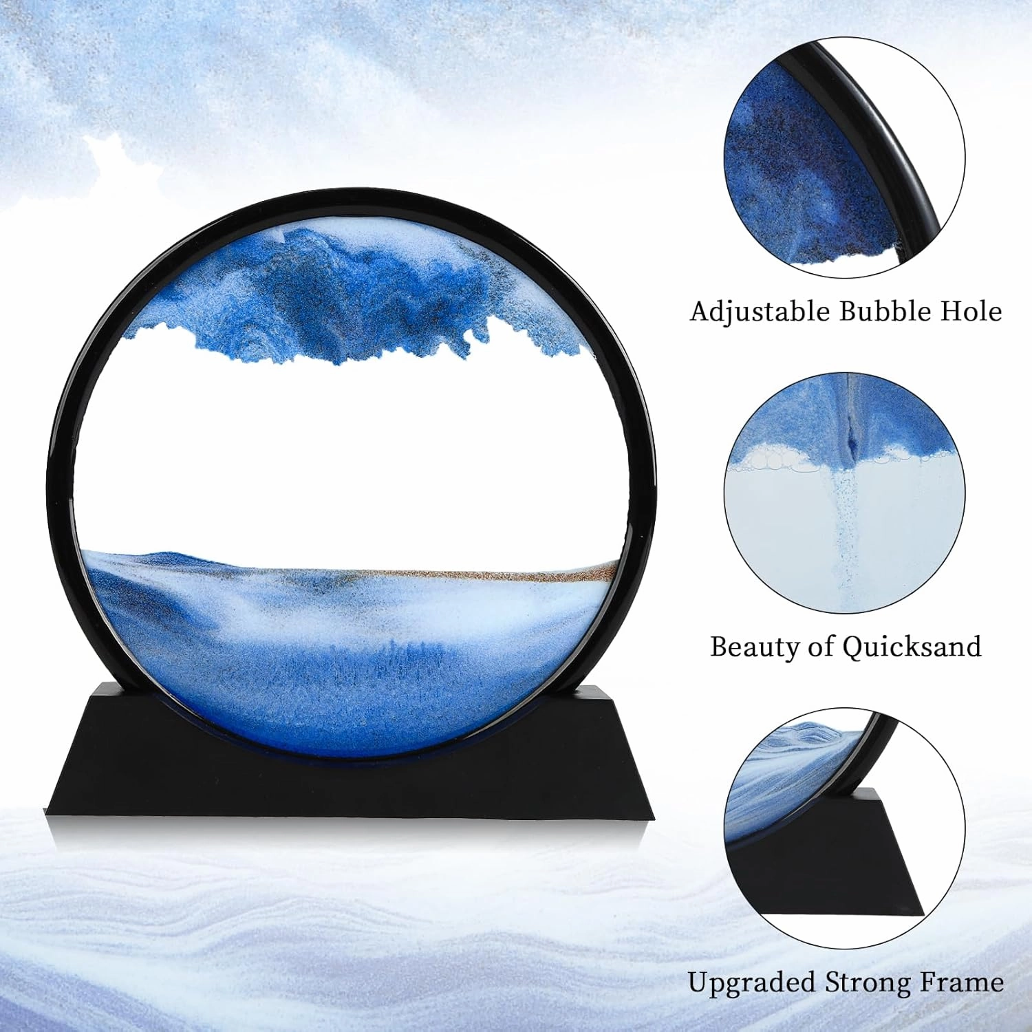 Moving Sand Art Picture, Liquid Motion 3D Deep Sea Sandscape in Motion, Dynamic Round Glass Sand Picture Relaxing Desktop Home Office Work Decor (Blue, 12 inch)