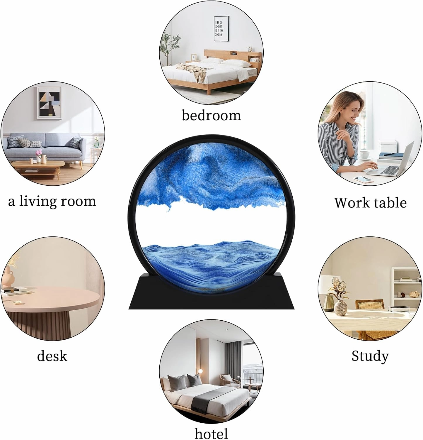 Moving Sand Art Picture, Liquid Motion 3D Deep Sea Sandscape in Motion, Dynamic Round Glass Sand Picture Relaxing Desktop Home Office Work Decor (Blue, 12 inch)