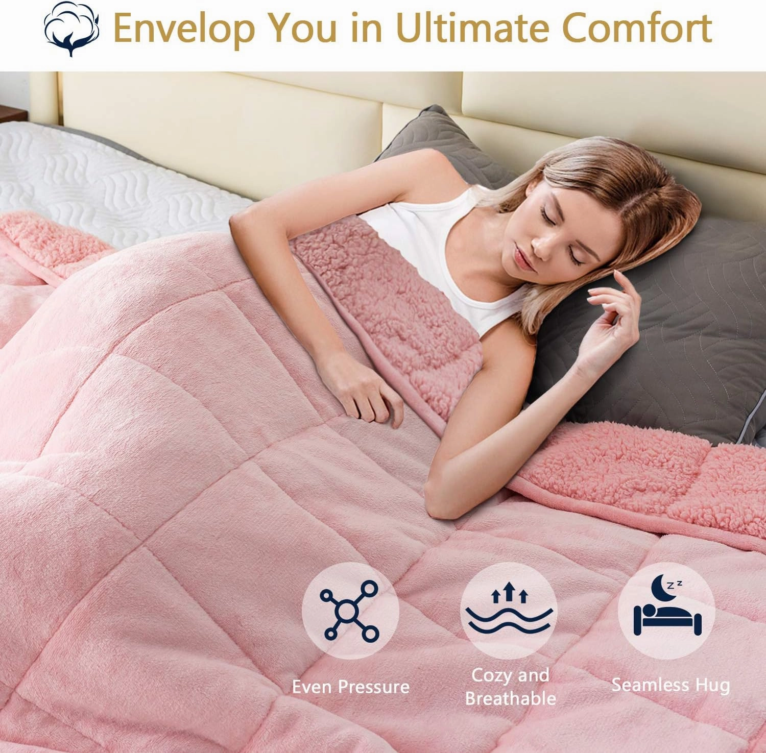 Mr. Sandman Sherpa Weighted Blanket 15lbs for Adults Relieve Stress, Fluffy Heavy Blanket with Premium Ceramic Beads - 48"x72" Twin Size Pink