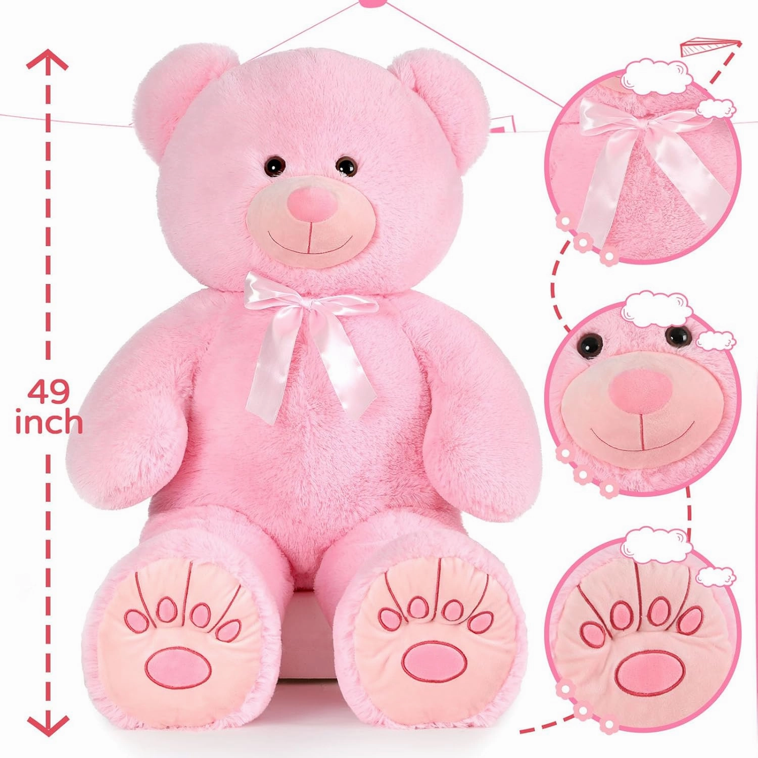 Muiteiur 49inch Giant Teddy Bear Stuffed Animal, Big Bear Plush with Big Footprint, Great Gift for Party Decorations (Pink)