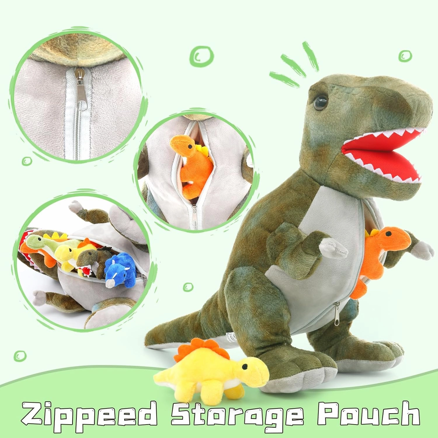 Muiteiur Dinosaur Stuffed Animals with Babies, Soft 19.6 Inch Plush T-Rex Zippered Belly Inside with 5 Cute Baby Dinosaurs, Set for Kids
