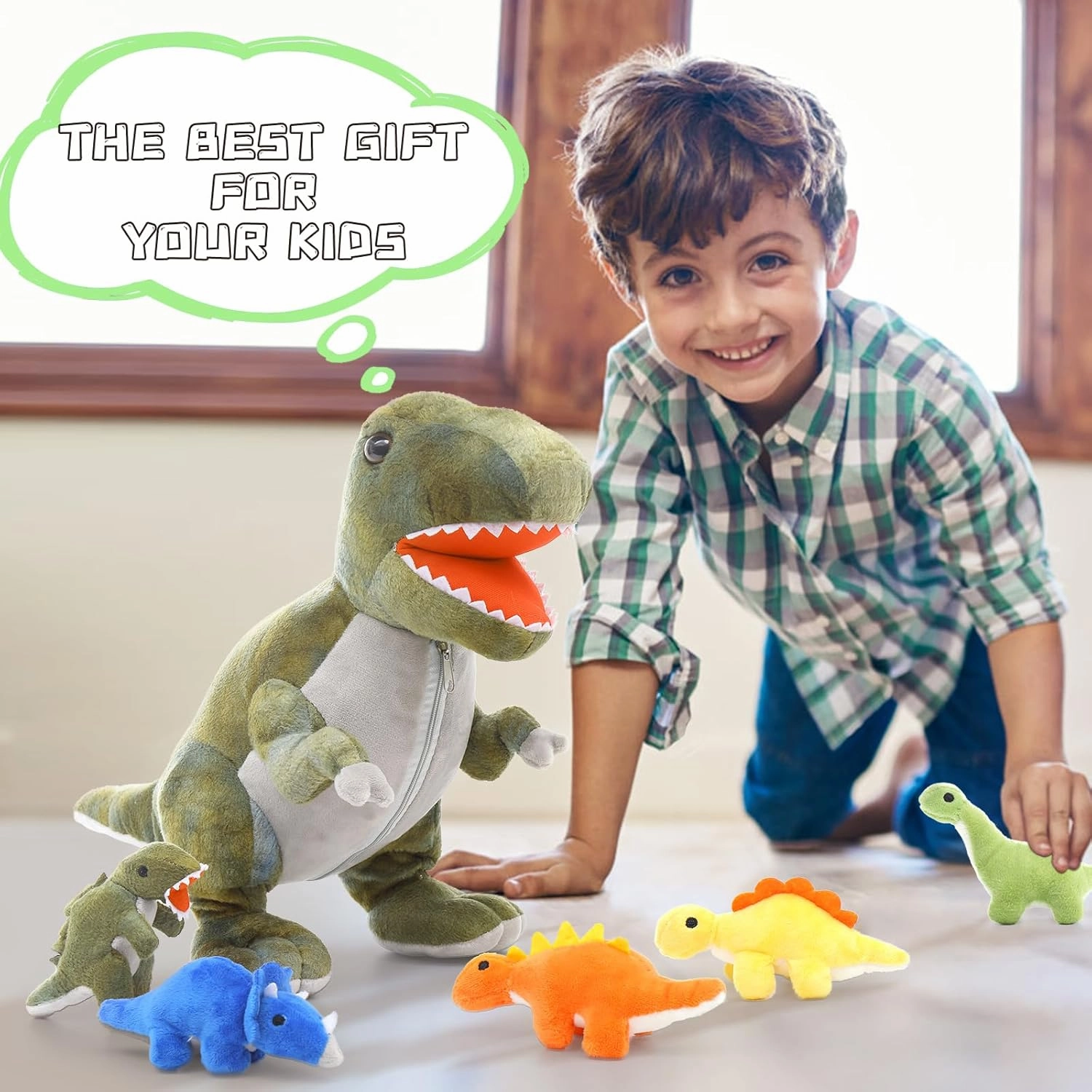 Muiteiur Dinosaur Stuffed Animals with Babies, Soft 19.6 Inch Plush T-Rex Zippered Belly Inside with 5 Cute Baby Dinosaurs, Set for Kids