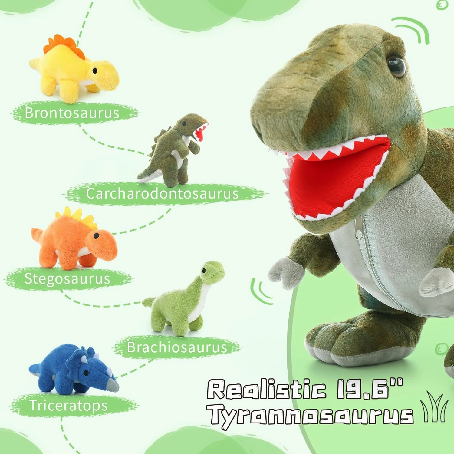Muiteiur Dinosaur Stuffed Animals with Babies, Soft 19.6 Inch Plush T-Rex Zippered Belly Inside with 5 Cute Baby Dinosaurs, Set for Kids