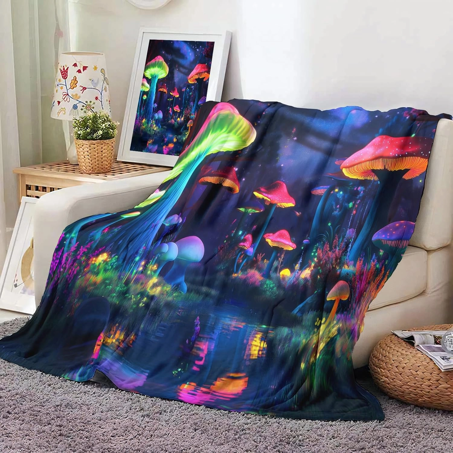 Mushroom Fleece Throw Blanket for Sofa, Soft, Plush, Warm and Cozy Settee Throw Blanket, 3D Psychedelic Forest Mushroom Pattern Single Layer Fleece Throws B Twin