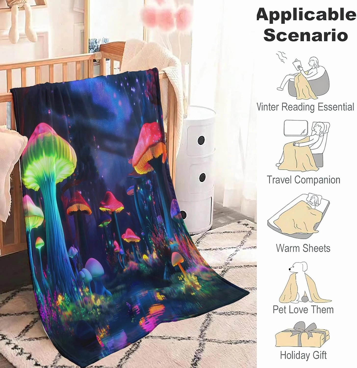 Mushroom Fleece Throw Blanket for Sofa, Soft, Plush, Warm and Cozy Settee Throw Blanket, 3D Psychedelic Forest Mushroom Pattern Single Layer Fleece Throws B Twin