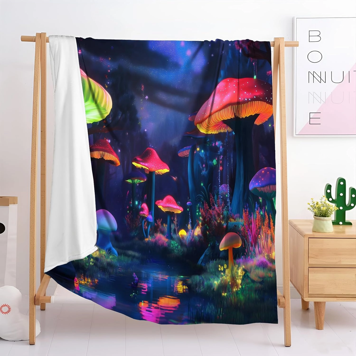 Mushroom Fleece Throw Blanket for Sofa, Soft, Plush, Warm and Cozy Settee Throw Blanket, 3D Psychedelic Forest Mushroom Pattern Single Layer Fleece Throws B Twin