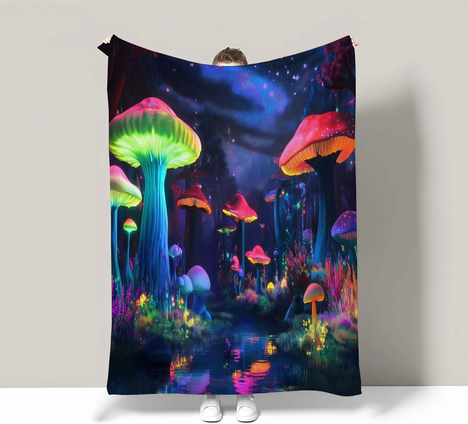 Mushroom Fleece Throw Blanket for Sofa, Soft, Plush, Warm and Cozy Settee Throw Blanket, 3D Psychedelic Forest Mushroom Pattern Single Layer Fleece Throws B Twin
