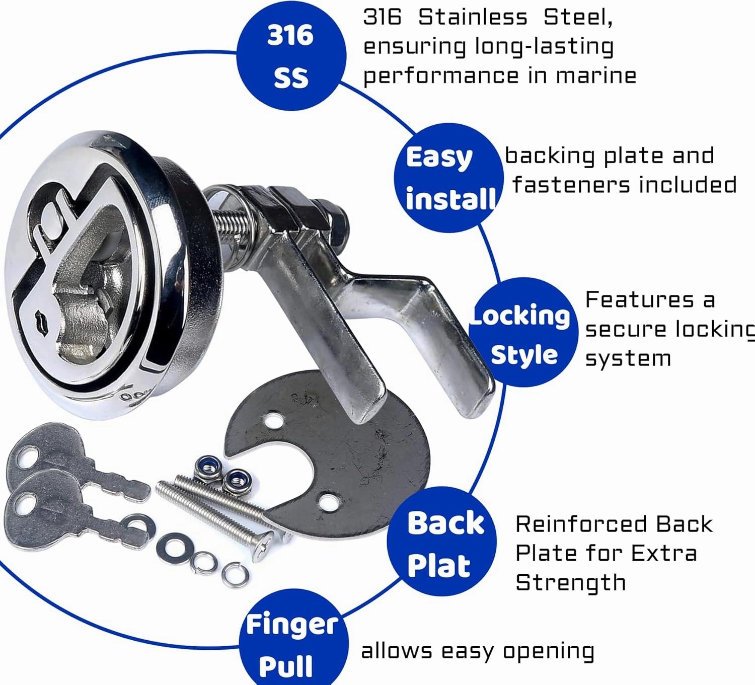 MX Boat Latches 316 Stainless Steel Marine Grade,Marine Latch 2 Inch Deck Flush Pull Hatch Latch, Lift Handle with Locking Style