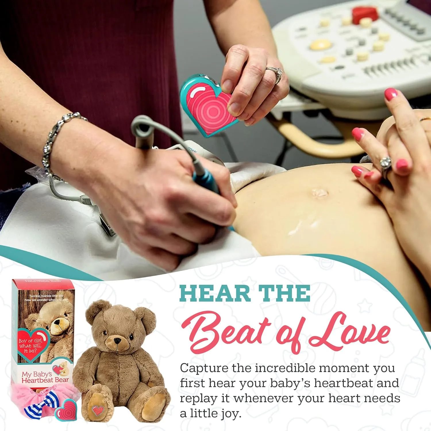 My Baby's Heartbeat Bear Stuffed Animal, 20 Sec Recorder for Baby's First Heartbeats, Cute Plush Toy, Re-recordable, Ideal Gift for Baby Showers, Valentine's Day, Birthdays, Pink Reveal Bear