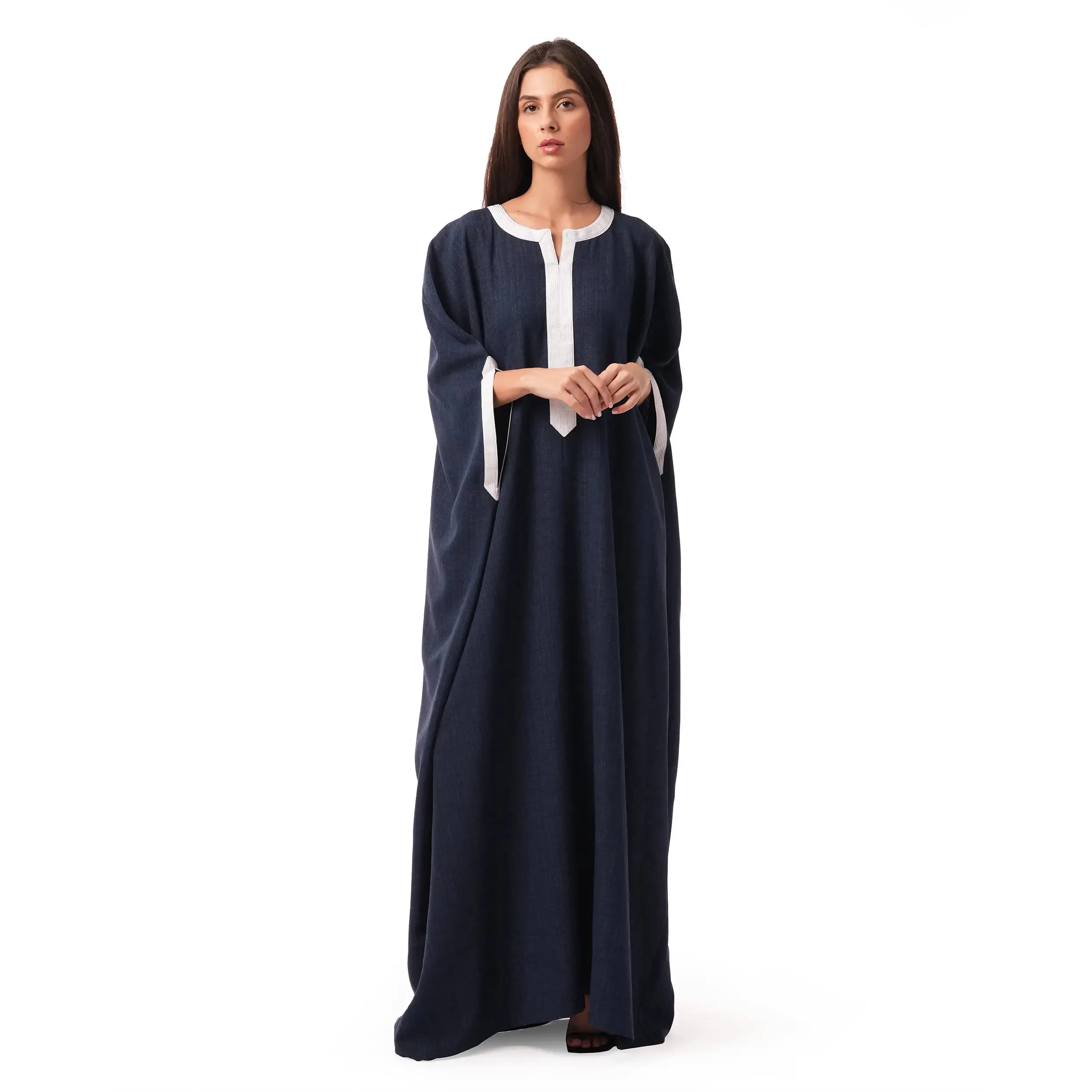 Navy mix linen embellished Moroccan style kaftan with white lace