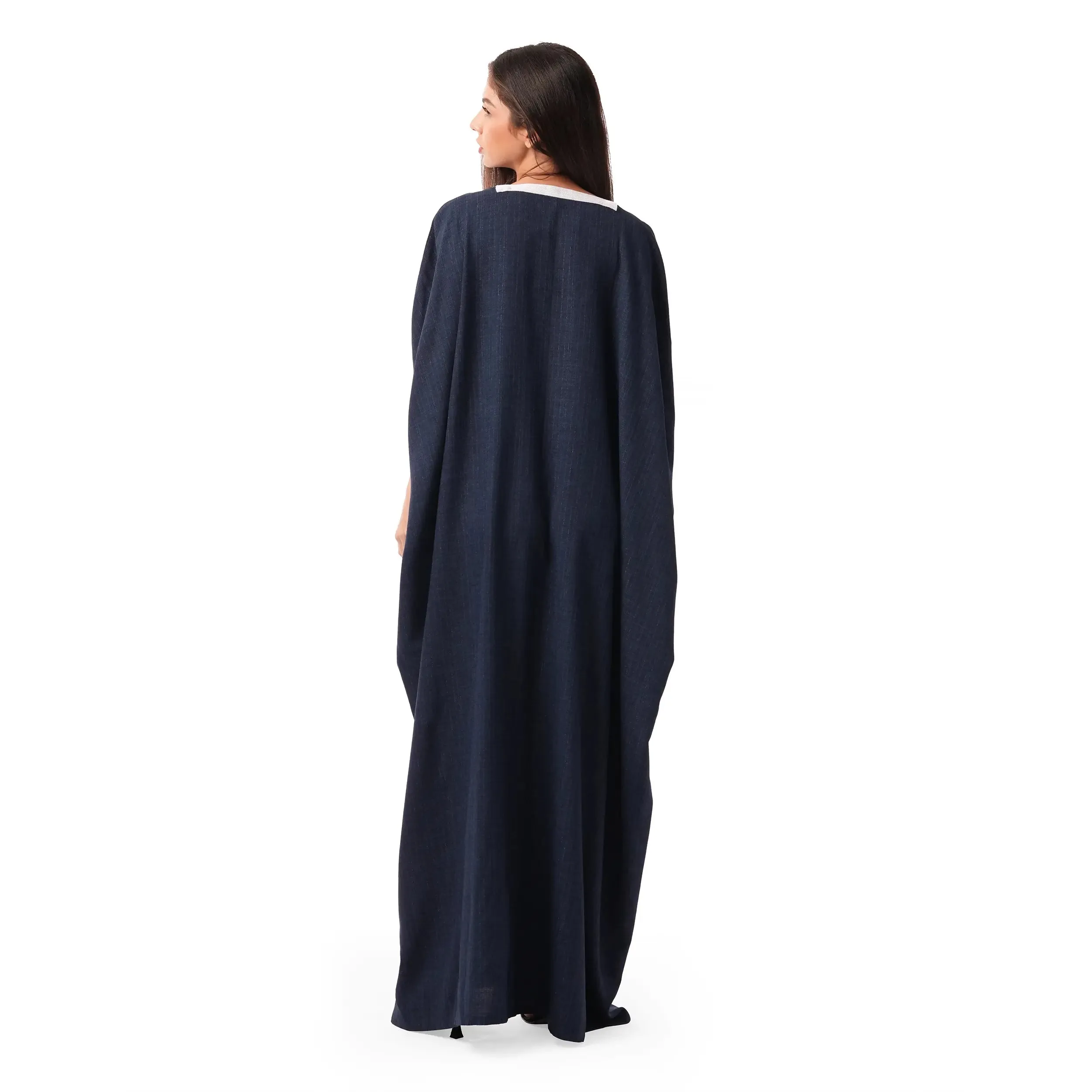 Navy mix linen embellished Moroccan style kaftan with white lace