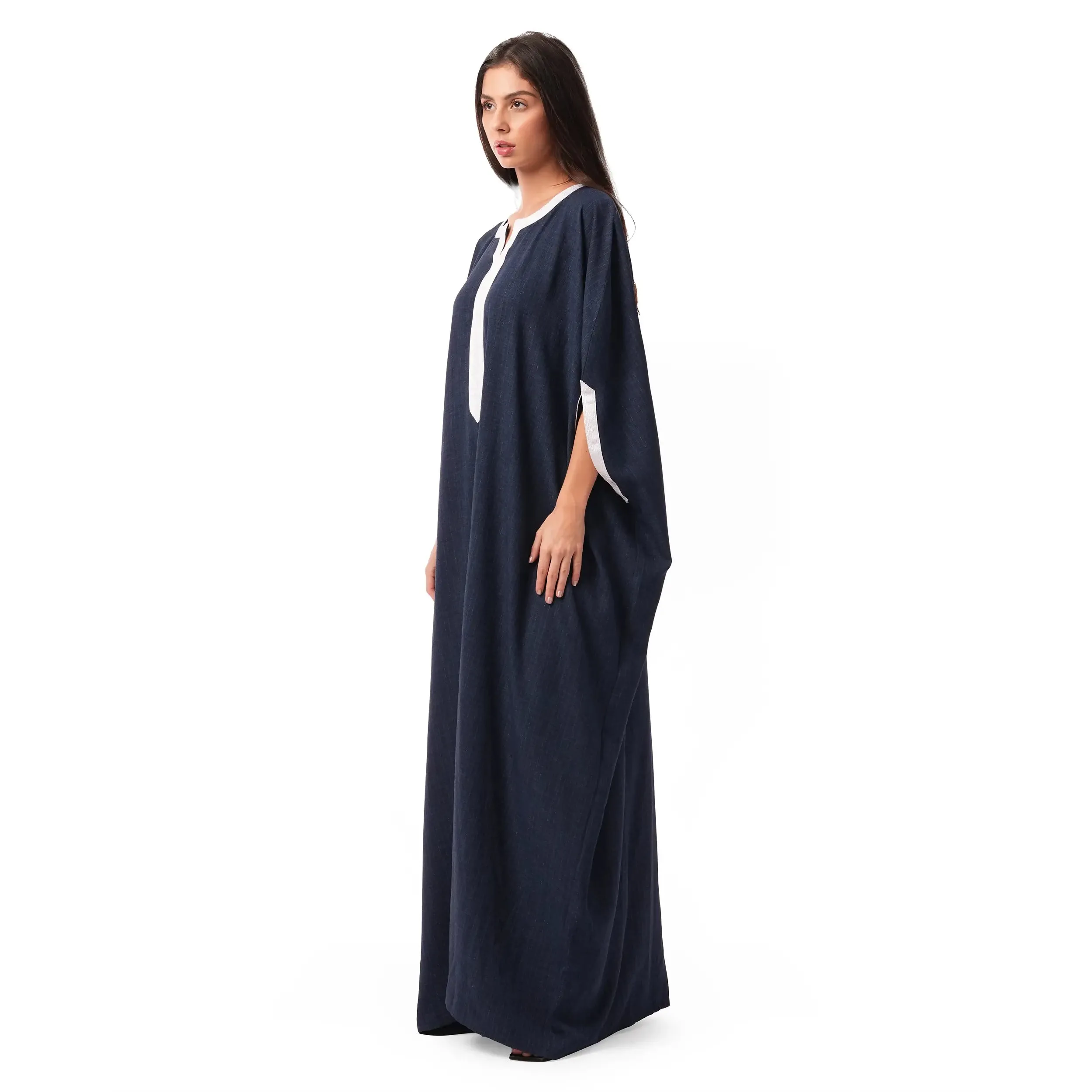 Navy mix linen embellished Moroccan style kaftan with white lace