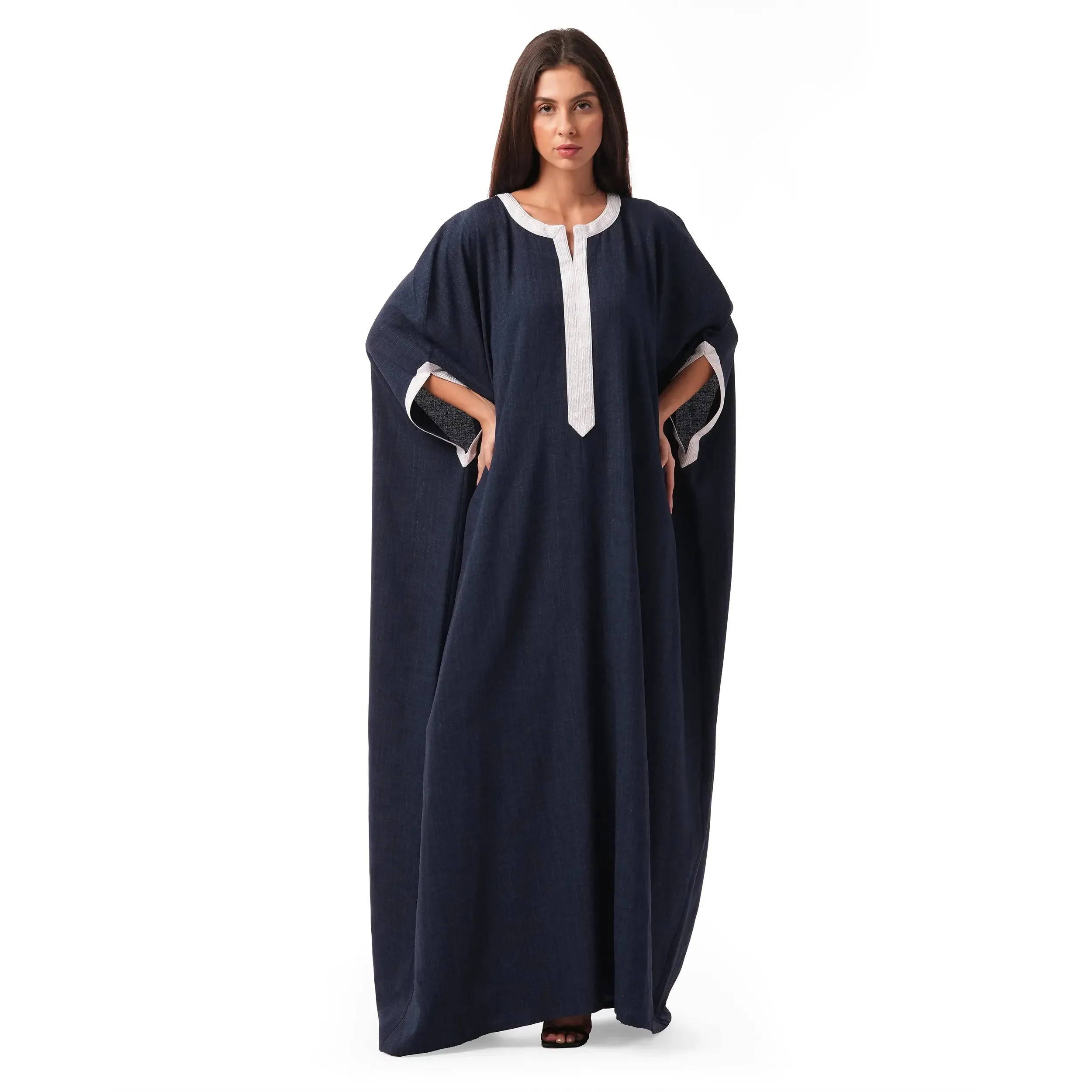 Navy mix linen embellished Moroccan style kaftan with white lace