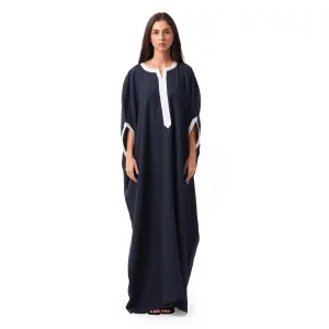Navy mix linen embellished Moroccan style kaftan with white lace