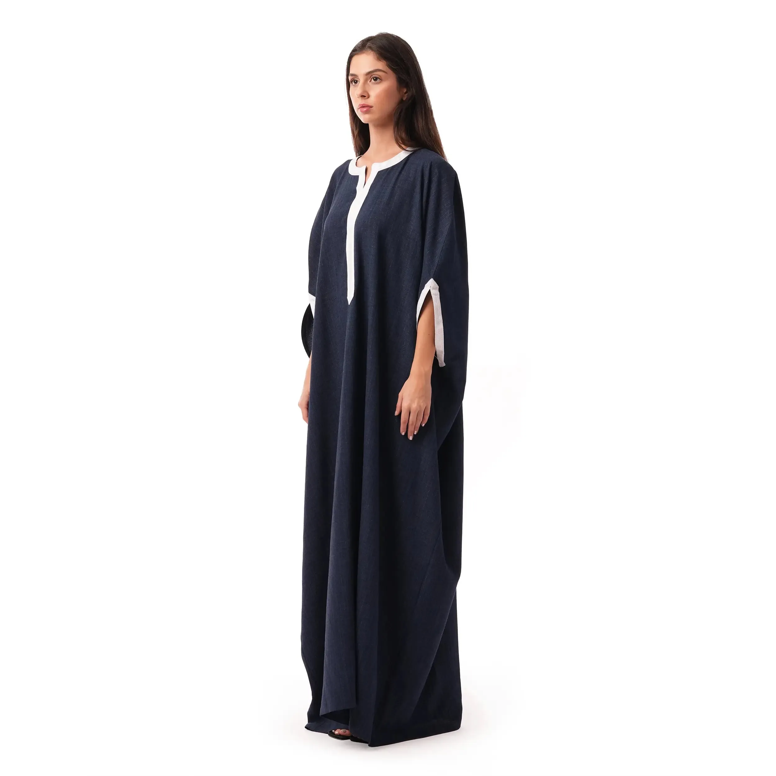 Navy mix linen embellished Moroccan style kaftan with white lace