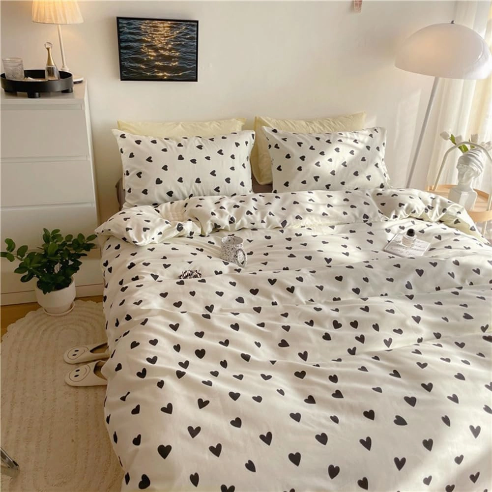 Nayoroom Black and White Heart Duvet Cover Full Size Black Hearts Printed on White Bedding Set 3 Pcs Cute Kawaii Soft Breathable Microfiber Comforter Cover Valentine Gifts for Kids Girls