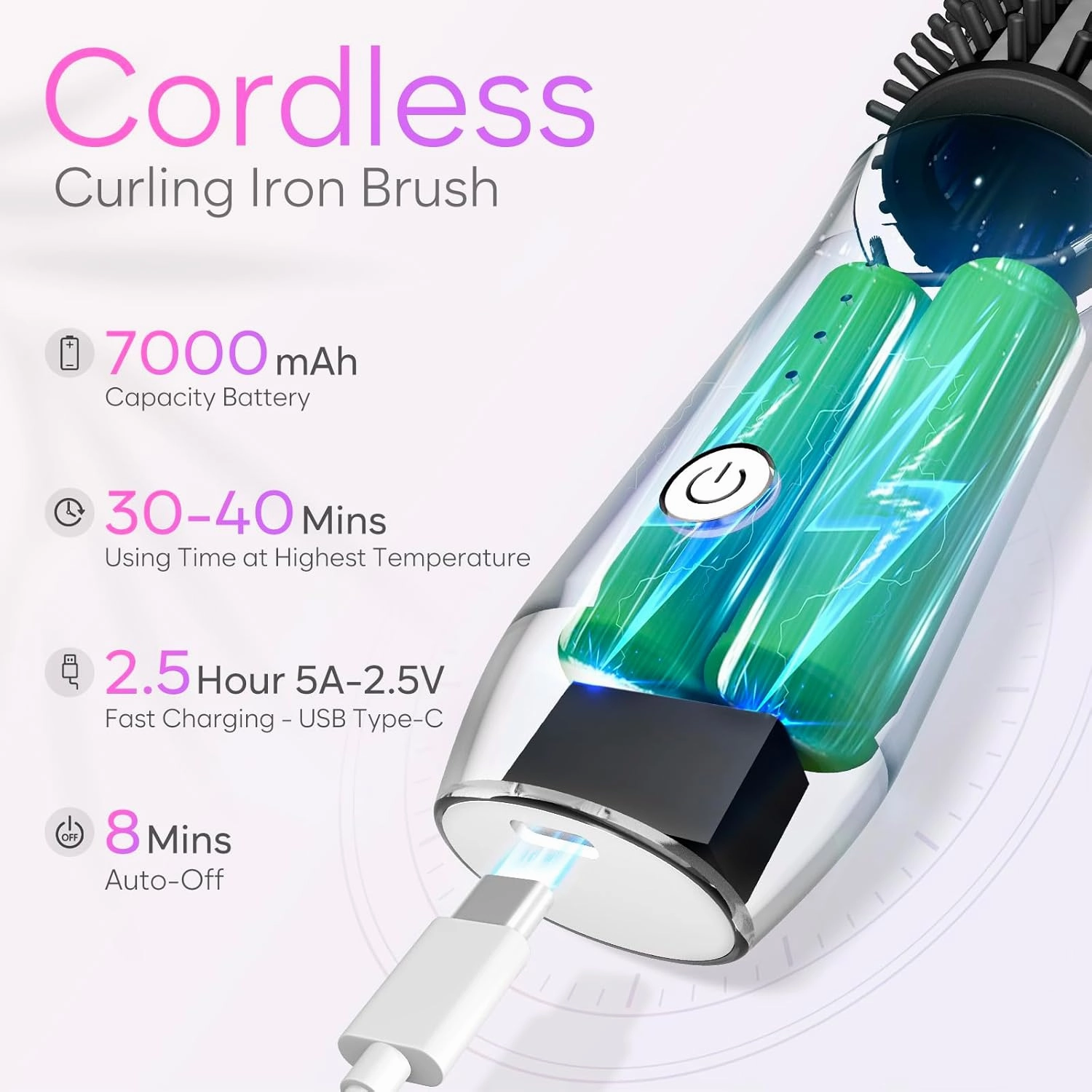 New Portable Travel Curling Iron Wand with Negative Ion, USB Rechargeable Mini Brush - 7000mAh, White