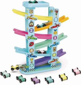 NEWSOURE Wooden Ramp Racer for 3 Year Old Boys Girls and up, Beilanua, Car Race Track for Toddlers Kids,6 Race Cars with 6 Level Toy Car Ramp 3 Pounds