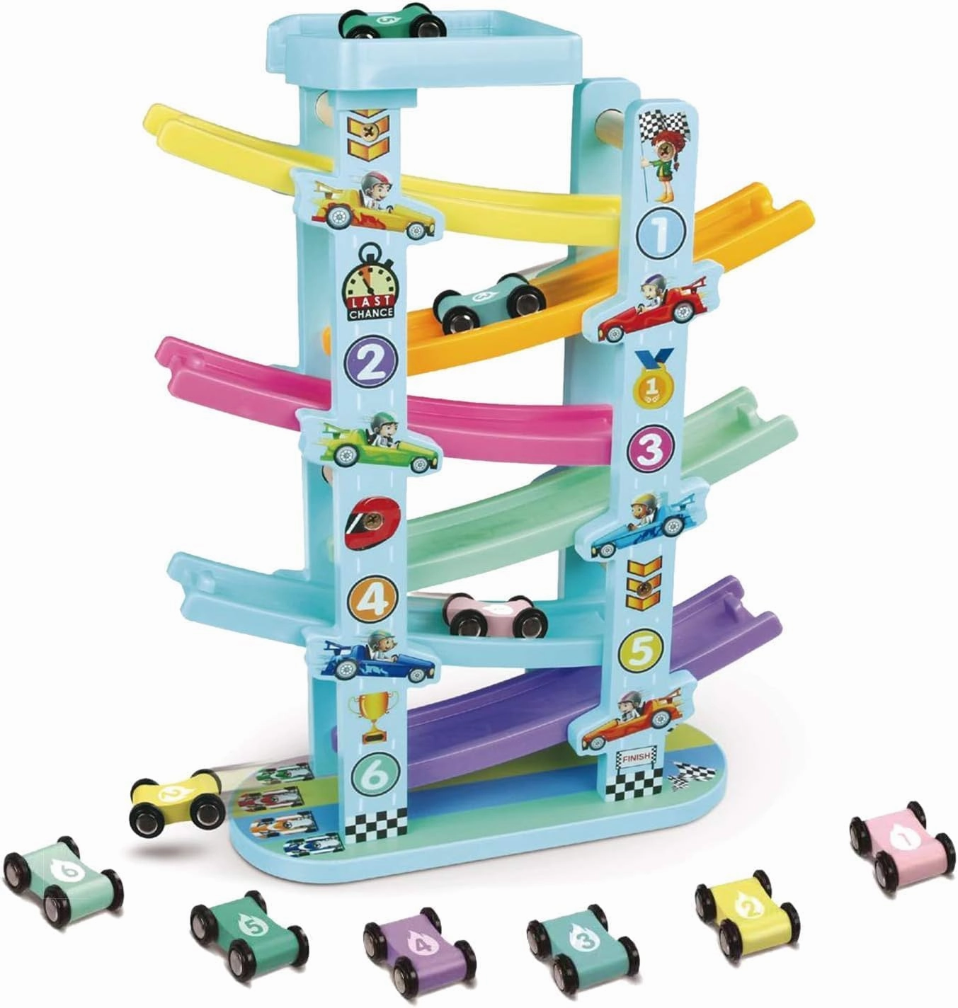 NEWSOURE Wooden Ramp Racer for 3 Year Old Boys Girls and up, Beilanua, Car Race Track for Toddlers Kids,6 Race Cars with 6 Level Toy Car Ramp 3 Pounds