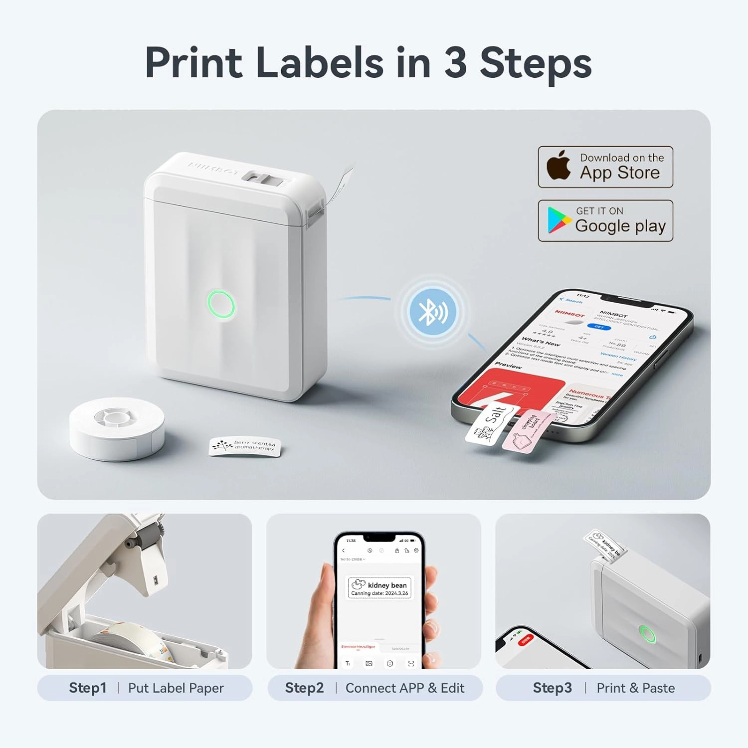 NIIMBOT D110 Upgraded Version Mini Label Maker Machine with Tape, Portable Bluetooth Thermal Printer, Sticker Labeler with Multiple Templates for Office Organization Home Kitchen School, White