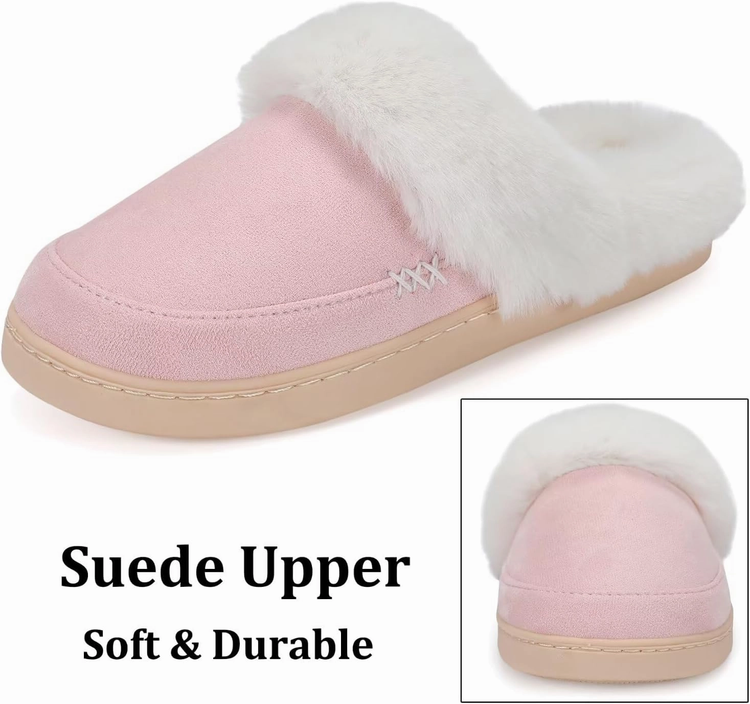 NineCiFun Women's and Men's Suede House Slippers Slip on Fuzzy Slippers with Faux Fur Lining Indoor Outdoor Home Shoes with Rubber Sole