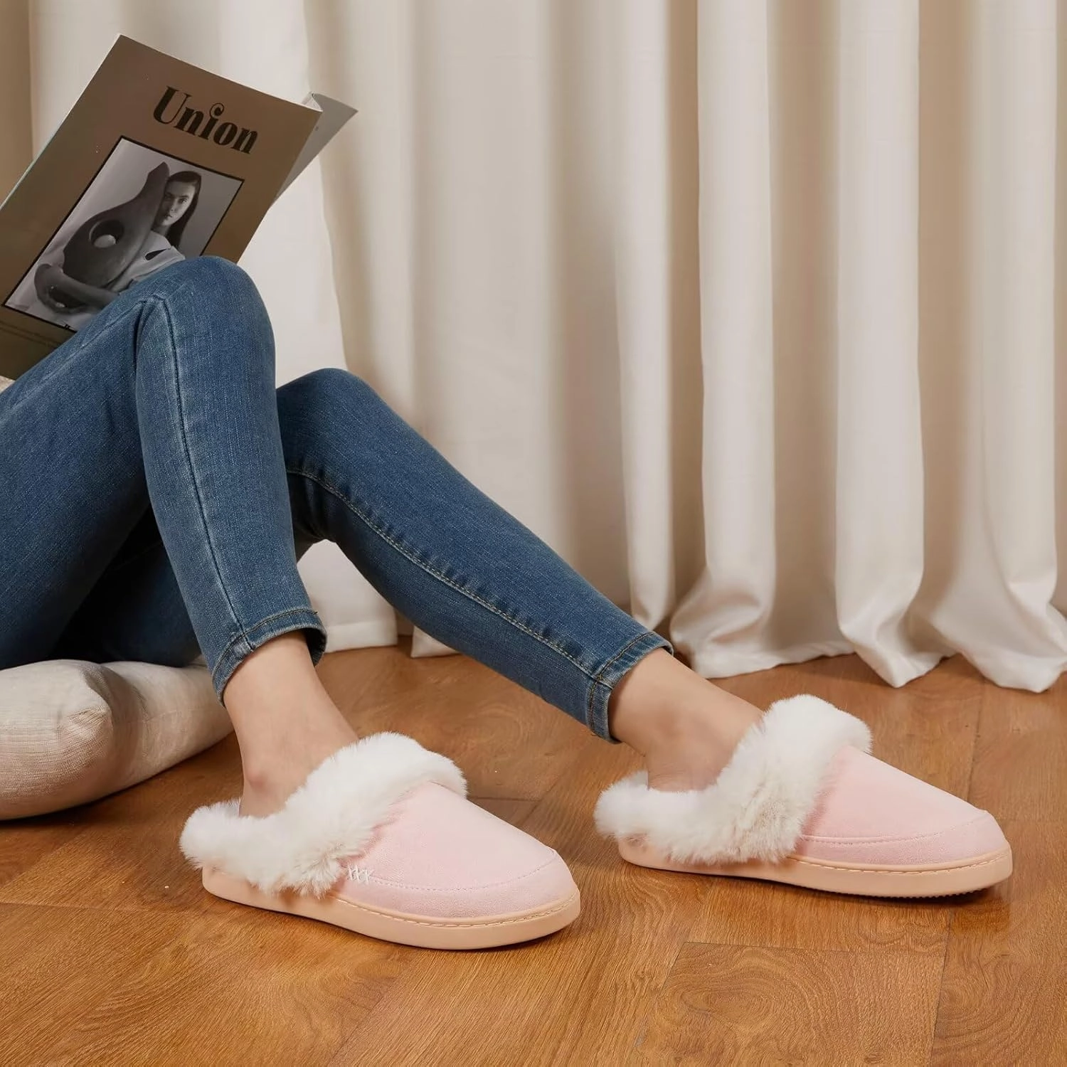 NineCiFun Women's and Men's Suede House Slippers Slip on Fuzzy Slippers with Faux Fur Lining Indoor Outdoor Home Shoes with Rubber Sole
