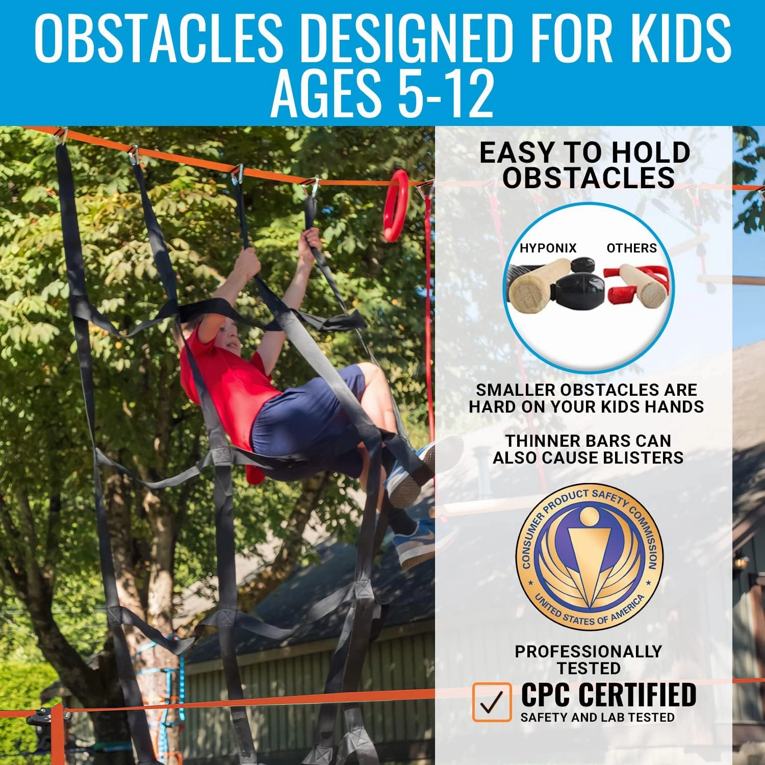 Ninja Warrior Obstacle Course for Kids, 2 x 60 ft Slackline Kit, Up to 880 Lbs, 13 Weatherproof Obstacles with Monkey Net, For Girls and Boys, Easy Setup on Trees or Posts, Outdoor Ninja Course