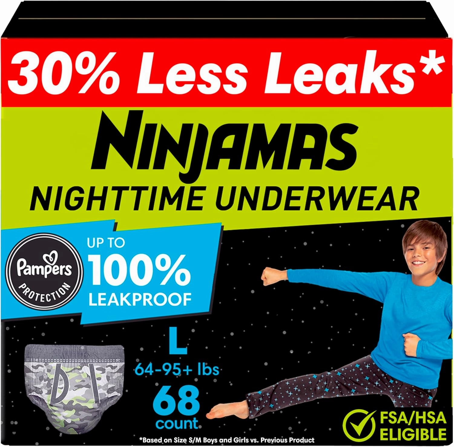 Ninjamas Boys Bedwetting Nighttime Underwear, Size L Pull Ups for Boys (64-95  lbs), 68 Count, Training Pants, Overnight Underwear Kids, Ultra Absorbent, Hypoallergenic