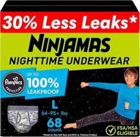 Ninjamas Boys Bedwetting Nighttime Underwear, Size L Pull Ups for Boys (64-95  lbs), 68 Count, Training Pants, Overnight Underwear Kids, Ultra Absorbent, Hypoallergenic