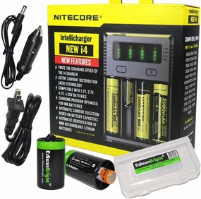 NITECORE New i4 battery Charger For Li-ion / IMR / Ni-MH/ Ni-Cd 18650 18350 16340 RCR123 14500 AA AAA D C w/ Ac and 12V DC (Car) power cords, EdisonBright BBX3 battery box, 2 X AA to D type batteries