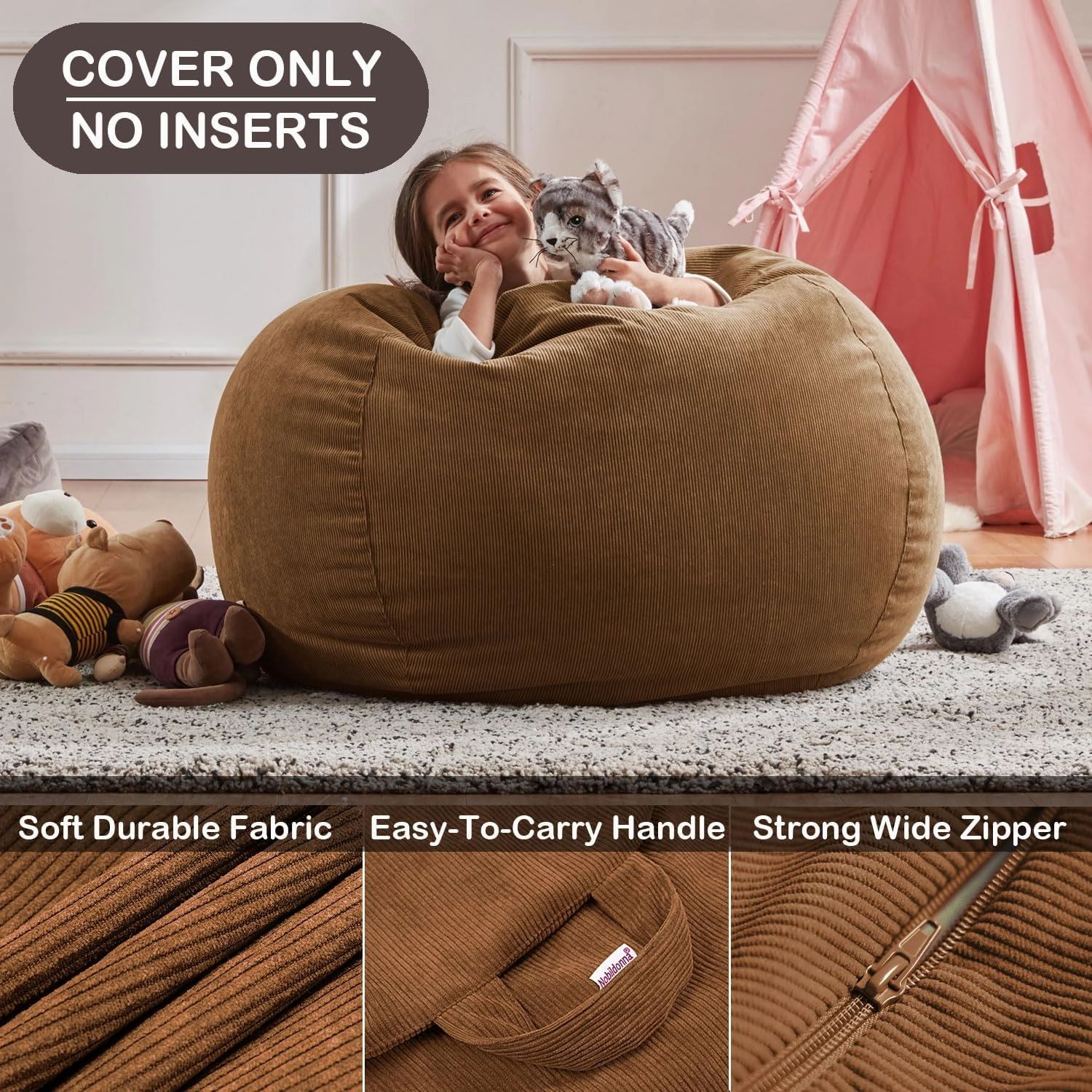 Nobildonna 3 ft Bean Bag Chair Cover (No Filler) 35"×43" Large Stuffed Animal Storage Bean Bag Washable Big Beanbag Chair Cover Premium Corduroy Bean Bag Cover for Adults,Kids,Coffee Brown 300L
