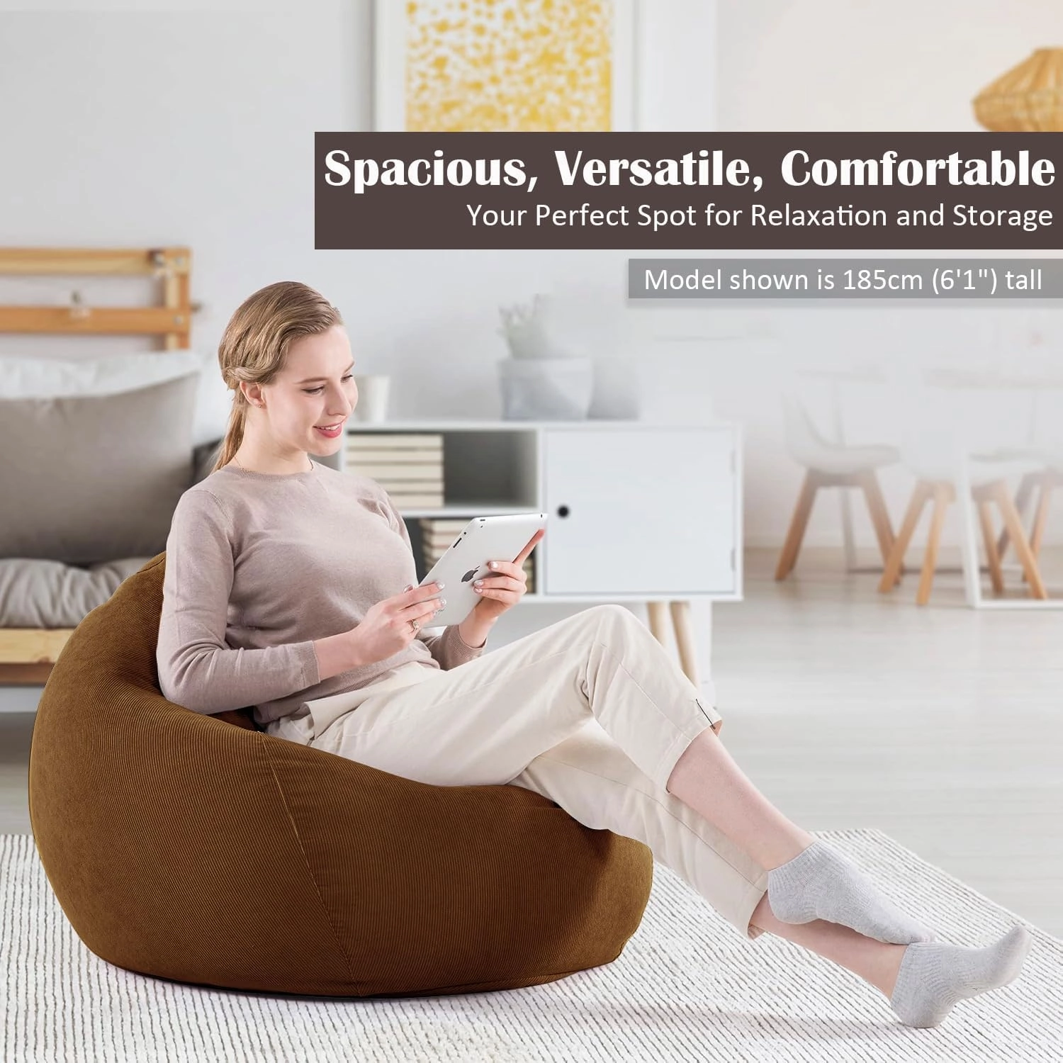 Nobildonna 3 ft Bean Bag Chair Cover (No Filler) 35"×43" Large Stuffed Animal Storage Bean Bag Washable Big Beanbag Chair Cover Premium Corduroy Bean Bag Cover for Adults,Kids,Coffee Brown 300L