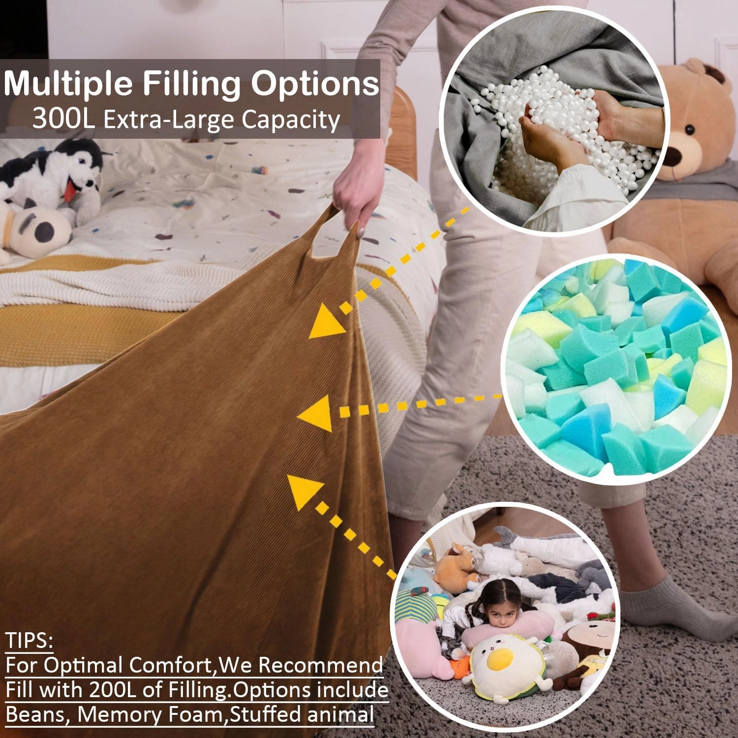 Nobildonna 3 ft Bean Bag Chair Cover (No Filler) 35"×43" Large Stuffed Animal Storage Bean Bag Washable Big Beanbag Chair Cover Premium Corduroy Bean Bag Cover for Adults,Kids,Coffee Brown 300L