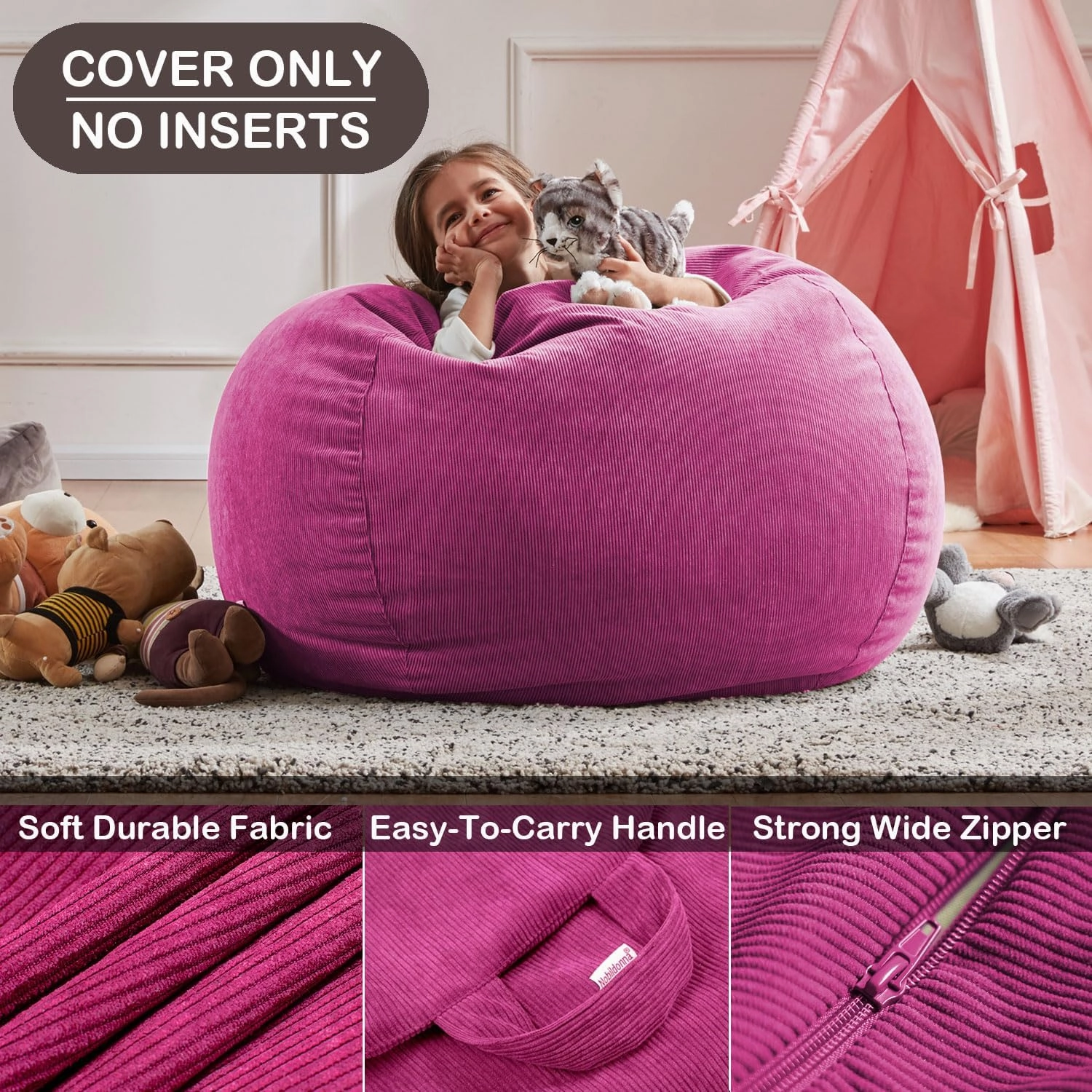 Nobildonna 3 ft Bean Bag Chair Cover (No Filler) 35"×43" Large Stuffed Animal Storage Bean Bag Washable Big Beanbag Chair Cover Premium Corduroy Bean Bag Cover for Adults,Kids,Rose Red 300L